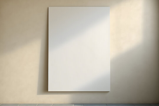 Blank vertical white canvas poster with beige wall background for mockup, picture, display, advertisement, art