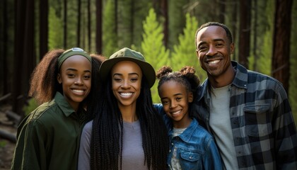Beautiful Portrait of African American family smiling at a National Forests in beautiful springtime : A Celebration of Happiness and Nature's Beauty (generative AI)
