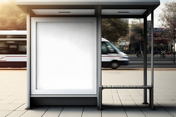 Blank white vertical billboard poster on city street bus stop, blurred urban background, mockup for advertisement, marketing