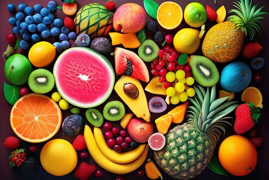 Fruits and vegetables combine healthy foods in top view with vintage scenes. AI-generated images