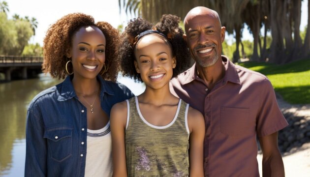 Beautiful Portrait of African American family smiling at a Riverside or Canal Walkways in beautiful springtime : A Celebration of Happiness and Nature's Beauty (generative AI)