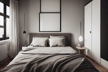 Modern luxery scandinavian design. Luxery apratment bedroom cozy with light from the window. feeling comfort with wooden mockup.Generative AI