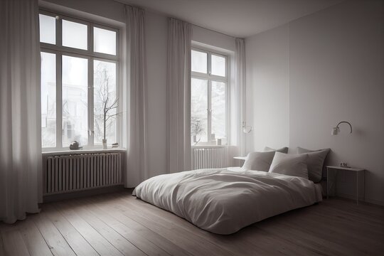 Modern luxery scandinavian design. Luxery apratment bedroom cozy with light from the window. feeling comfort with wooden mockup.Generative AI