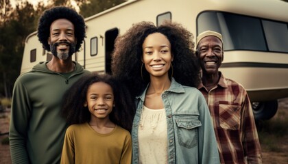 Fototapeta premium Beautiful Portrait of Multiracial family smiling at a Campsites and RV Parks in beautiful springtime : A Celebration of Happiness and Nature's Beauty (generative AI)