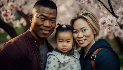 Beautiful Portrait of Multiracial family smiling at a Cherry Blossom Festivals in beautiful springtime : A Celebration of Happiness and Nature's Beauty (generative AI)