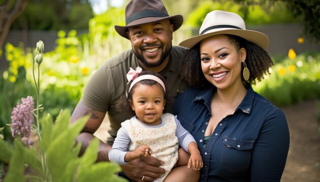 Beautiful Portrait of Multiracial family smiling at a Community Gardens in beautiful springtime : A Celebration of Happiness and Nature's Beauty (generative AI)