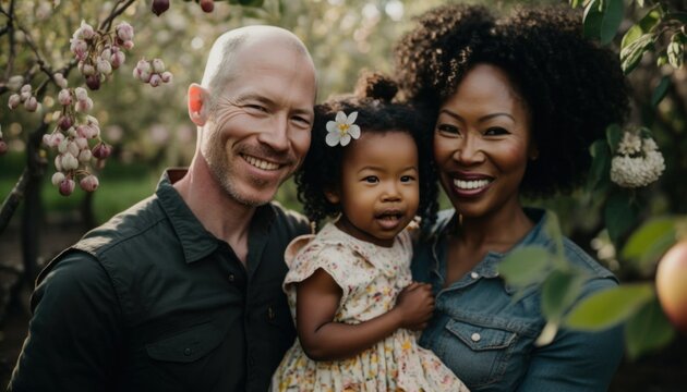 Beautiful Portrait of Multiracial family smiling at a Community Orchards in beautiful springtime : A Celebration of Happiness and Nature's Beauty (generative AI)