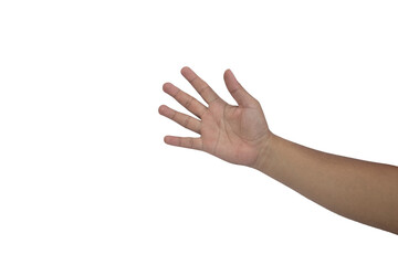 selectively focus on the hand gesture of an asian man using the number five symbol, soft focus