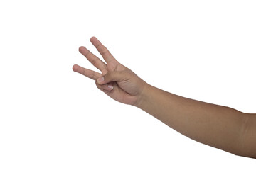 selectively focus on the hand gesture of an asian man using the number three symbol, soft focus