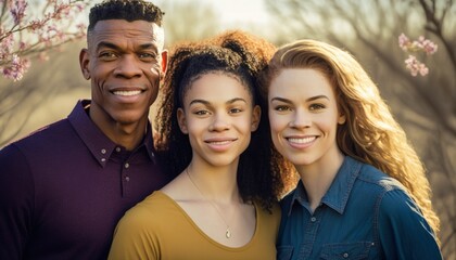 Beautiful Portrait of Multiracial family smiling at a Wildlife Refuges in beautiful springtime : A Celebration of Happiness and Nature's Beauty (generative AI)