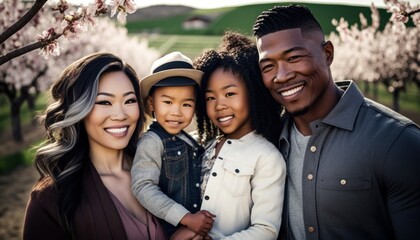 Beautiful Portrait of Multiracial family smiling at a Wineries in beautiful springtime : A Celebration of Happiness and Nature's Beauty (generative AI)