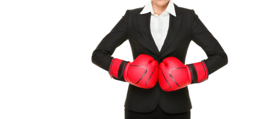 Competition ready - business concept. Businesswoman punching red boxing gloves together isolated cutout PNG on transparent background.