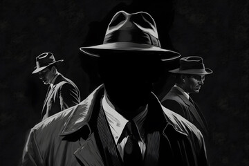 Old fashioned detective or mafia in hat on dark background, black and white color. Generation AI - obrazy, fototapety, plakaty
