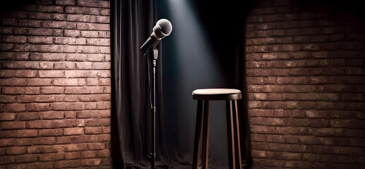 Stand up comedy stage microphone background brick wall. Concept banner open mic for monologue. Generation AI