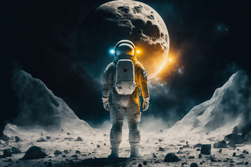 Fototapeta na wymiar futuristic astronaut standing and walking on the moon with, Generative A
