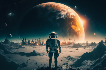 futuristic astronaut standing and walking on the moon with, Generative A