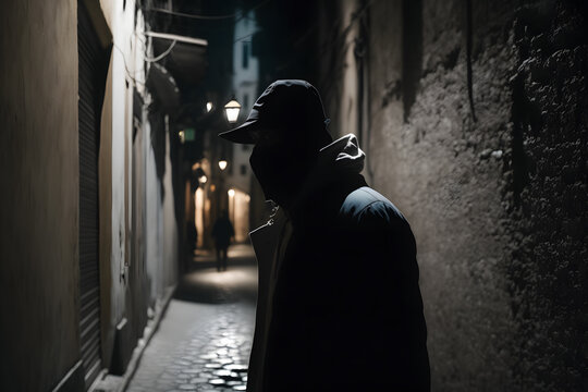 Criminal bandit watches victim in dark alley. Man is preparing to commit an attack to people. Generation AI
