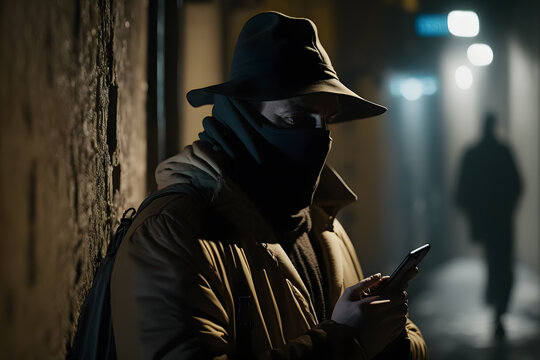 Criminal bandit watches victim in dark alley. Man is preparing to commit an attack to people. Generation AI