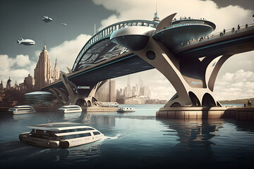 Futuristic deisng of the Sydney Harbour bridge, rainbows and colors all around, beautiful artistic vision of the iconic structure, amazing, a bit alien