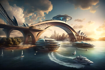 Futuristic deisng of the Sydney Harbour bridge, rainbows and colors all around, beautiful artistic vision of the iconic structure, amazing, a bit alien