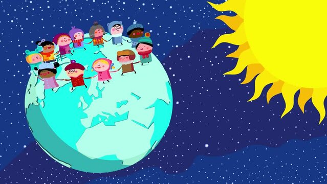 Children in winter clothes dancing in a circle on rotating earth. They are holding their hands. Happy cartoon animation background, with many characters. Space, sun and pulsing stars. Seamless loop.