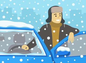 Winter time car driving. Happy young man leaning on the car door. Close-up front view. Flat vector illustration template.