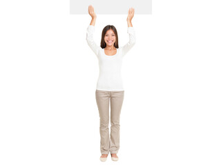 Full length portrait of young beautiful woman raising up an empty billboard isolated cutout PNG on transparent background