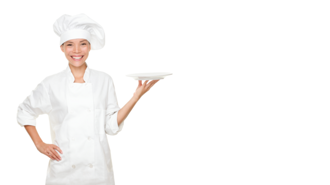 Chef showing empty plate. Happy smiling portrait of female in chef uniform and chef hat isolated cutout PNG on transparent background. Asian Caucasian woman model.