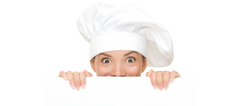 Chef Sign. Woman cook / baker looking over paper sign billboard. Surprised and funny expression on young Asian / Caucasian woman isolated cutout PNG on transparent background.