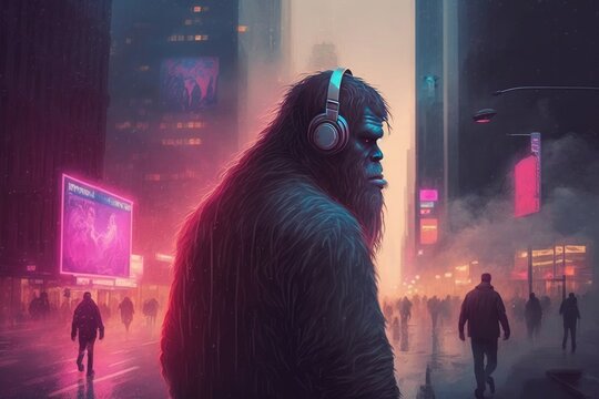 Sasquatch Walking In the City Downtown While Listening to Music with Headphones