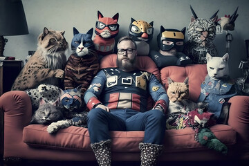 A crazy cat person man sitting on a sofa with all his feline friends, hoards of cats real and stuffed toys, geeky and not ashamed of his love and affection to animals and pets, watching TV documentry