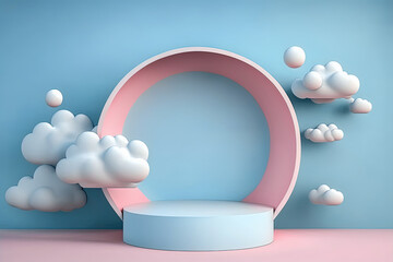 3D render, abstract sunny yellow and sky blue background with white clouds. Simple geometric showcase scene with empty podium for product presentation.
