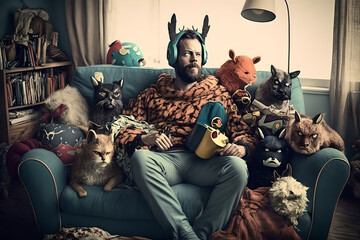 A crazy cat person man sitting on a sofa with all his feline friends, hoards of cats real and stuffed toys, geeky and not ashamed of his love and affection to animals and pets, watching TV documentry