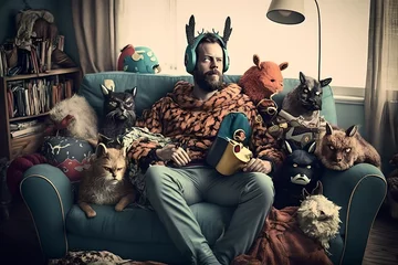 Fotobehang A crazy cat person man sitting on a sofa with all his feline friends, hoards of cats real and stuffed toys, geeky and not ashamed of his love and affection to animals and pets, watching TV documentry © Guy