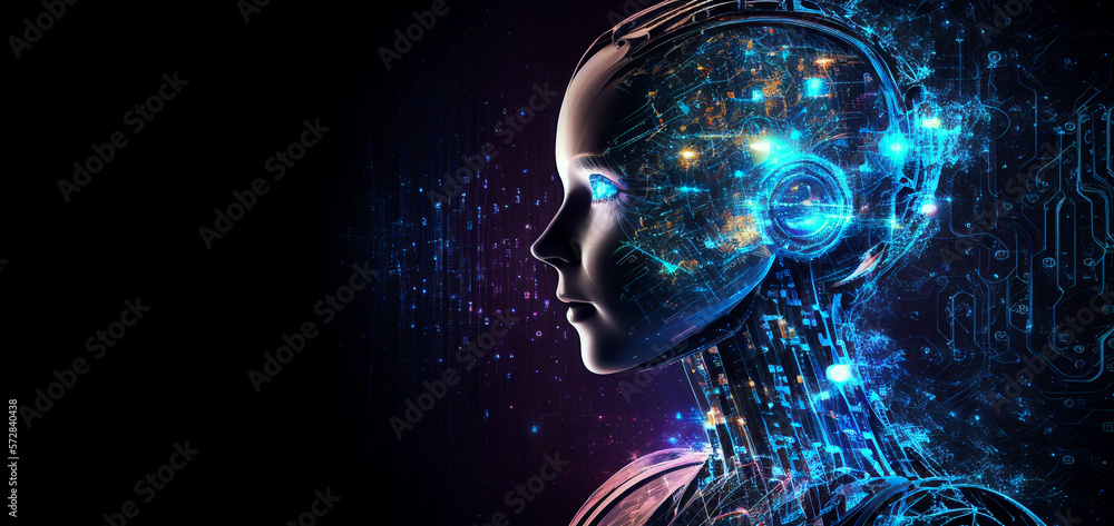 Poster artificial intelligence in humanoid with neural network thinks. ai with digital brain is learning pr
