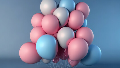 Fototapeta na wymiar Pastel Blue and pink balloons on a blue background with copy space for text. Pink pastel balloons, free space. Happy holiday of flying balloons