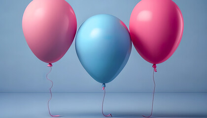 Pastel Blue and pink balloons on a blue background with copy space for text. Pink pastel balloons, free space. Happy holiday of flying balloons