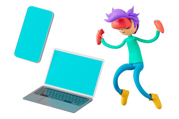 3d boy cartoon character in action. 3d illustrator. sport activity. exercise fitness pose. workout training lifestyle. man player. technology VR connection. gym outdoor. 