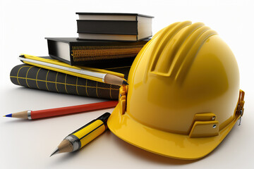 Yellow construction hard hat with books and pencils isolated against a white background.  Generative AI.
