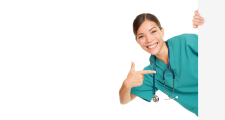 Medical sign person - woman showing blank poster billboard pointing. Young female nurse or medical doctor professional in green scrubs smiling happy isolated cutout PNG on transparent background.