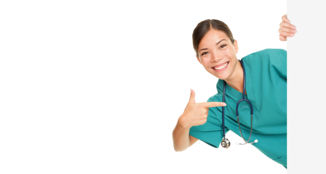 Medical sign person - woman showing blank poster billboard pointing. Young female nurse or medical doctor professional in green scrubs smiling happy isolated cutout PNG on transparent background. - Powered by Adobe