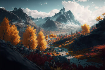 
sunset over the mountains autumn landscape Generative AI
