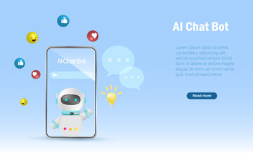 AI chat bot on mobile screen generate smart solution answer to user. Artificial intelligence answer questions robot provide smart conversation and ideas for user to accomplish tasks. 3D vector. - obrazy, fototapety, plakaty
