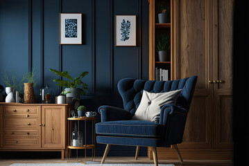 modern living room with chair blue color interior design Generative AI