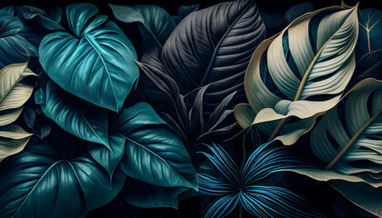 amazing tropical plant leaves with black background for decoration