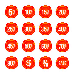 Super stylish discount stamp (5%, 10%, 15%, 20%, 25%, 30%, 35%, 40%, 45%, 50%, 60%, 70%, 80%, $, %, Sale ).