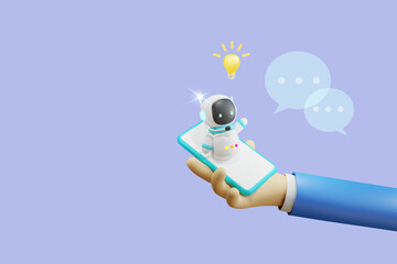 Hand hold mobile with AI chat bot generate smart solution answer to user. Artificial intelligence robot answer questions provide refinement conversation and ideas. 3D  rendering.