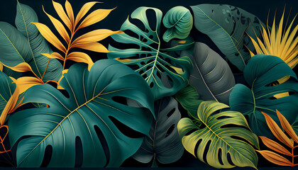 colorful lush tropical plant leaves, green leaves