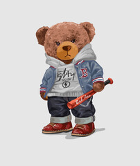 brown bear doll holding baseball bat vector illustration - obrazy, fototapety, plakaty