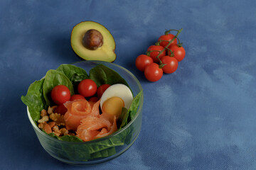 bowl with cherry tomato, avocado, egg, salmon and nuts keto diet ingredients
